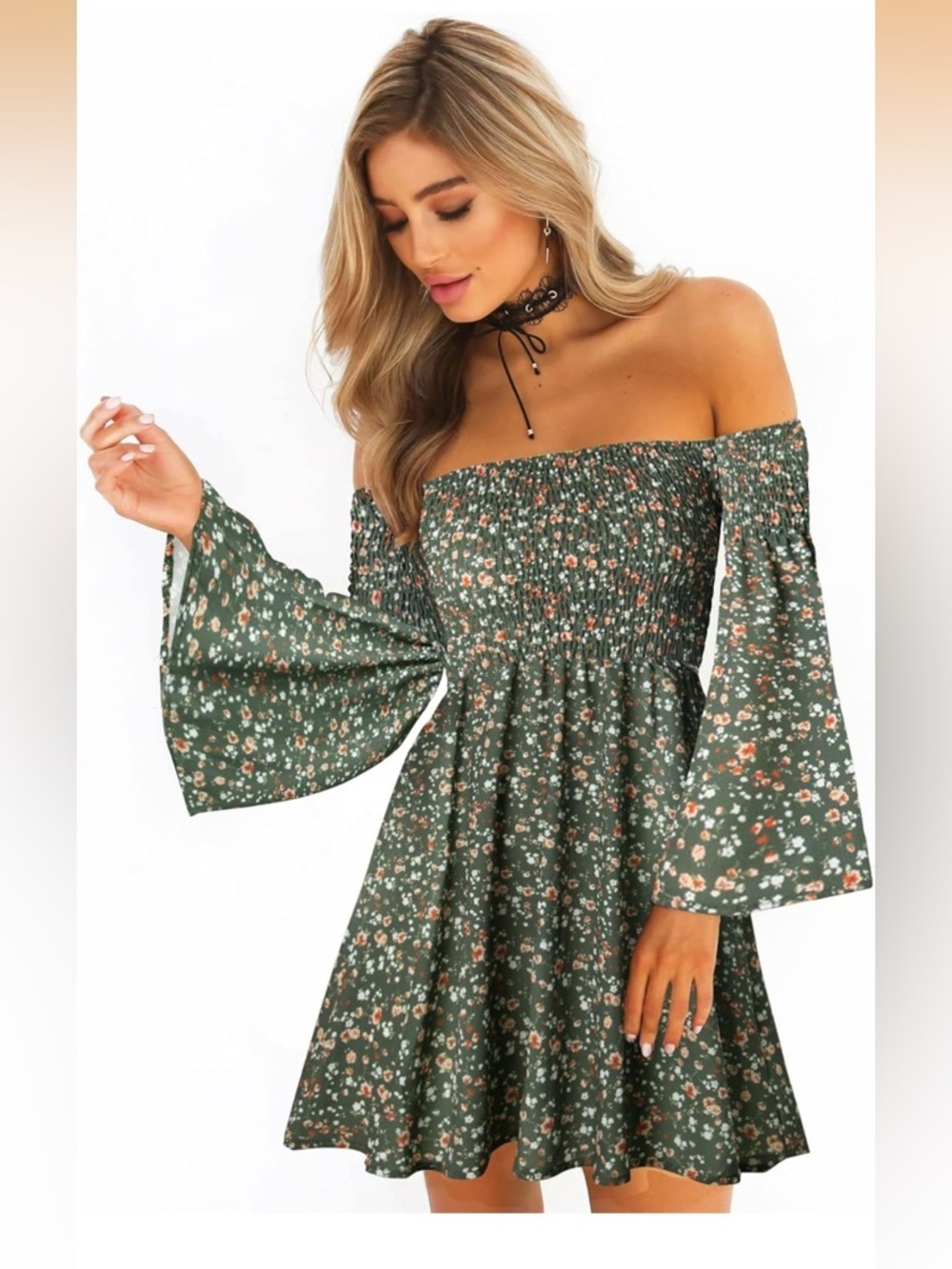 Women's Dress Summer Floral Long Sleeve Off Shoulder Casual Mini Dresses 005